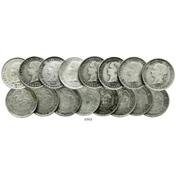 Lot of 8 Bogota, Colombia, 50 centavos: 1874, 1875, 1878, 1879, 1881, 1882, 1884, 1885.