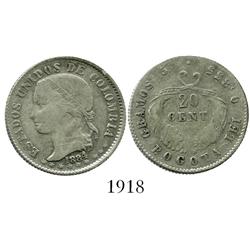 Bogota, Colombia, 20 centavos, 1884/1, unlisted overdate.