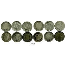 Lot of 6 Colombian 1 décimos, as follows: Bogota 1866 (2), 1868, 1869, 1871; Medellín 1874/3.