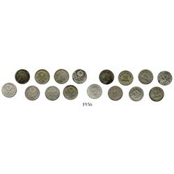 Lot of 8 Bogota, Colombia, 2-1/2 centavos: 1872, 1873, 1875, 1877, 1878 (2), 1879, 1880.