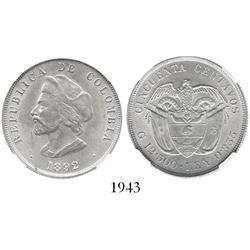 Colombia (London), 50 centavos, 1892, Columbus commemorative, encapsulated NGC MS-62.