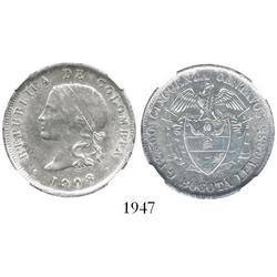 Bogota, Colombia, 50 centavos, 1908, encapsulated NGC AU details / surface hairlines.