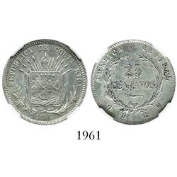 Costa Rica, 25 centavos, 1887GW, "9 DS GW" variety, encapsulated NGC AU details / excessive surface