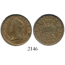 Ireland, copper  gunmoney  shilling, James II, 1690 (May), encapsulated MS-62 BN.