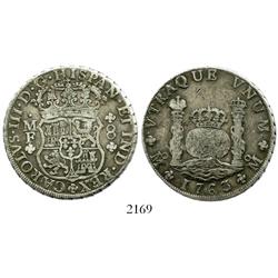 Mexico City, Mexico, pillar 8 reales, Charles III, 1763/2MF, scarce.