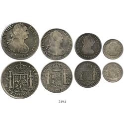 Denomination set (short) of 8-4-2-1 reales, Charles III-IV, all Fine or so, as follows: 8R 1800FM, 4