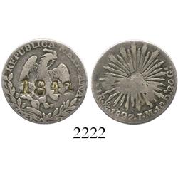 Mexico City, Mexico, 1 real, 1827JM, with "1842" countermark.
