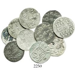 Lot of 10 Holland, Netherlands, 2 stuivers, various dates (1722, 1731, 1760, 1768, 1773, 1789, 1790,