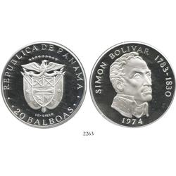 Panama, proof 20 balboas, 1974, Bolivar commemorative.