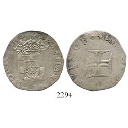 Lisbon, Portugal, tostao (100 reis), Sebastian (1557-78), small cross.