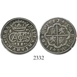 Segovia, Spain, milled 2 reales, Charles II, 1682M.