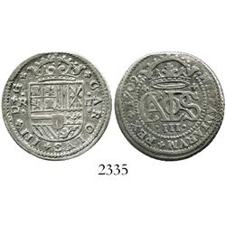 Barcelona, Spain, milled 2 reales  pistareen,  Charles III Pretender, 1709.