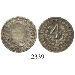 Seville, Spain, milled 1 real "half pistareen," Philip V, 1733PA, with unattributed (probably Caribb