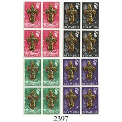 Bermuda, 1969 set of 4 plate blocks (4 stamps in each), one of each color (red=2/6, black=2/0, green