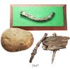 Image 1 : Lot of ballast stone and 3 copper spikes (one mounted on a wooden base and one in part of the origin