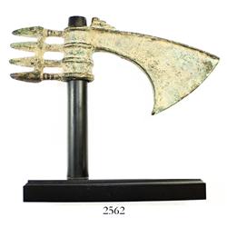 Ancient Luristan (northern Persia, now Iran), bronze axe head, ca. 1500 BC, with custom stand.