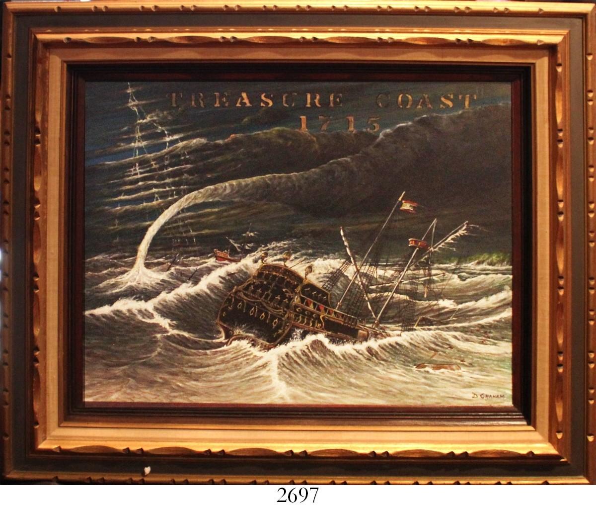 Framed Oil On Board Painting Ca 1960s 70s In Wooden Frame Entitled Treasure Coast 1715 By Artis