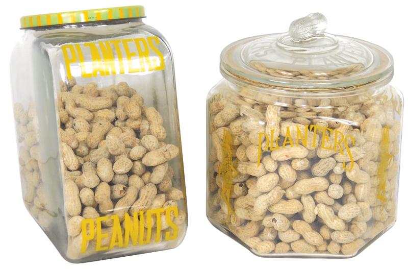 Planters Peanut jars (2), slanted embossed glass Streamline jar w/metal