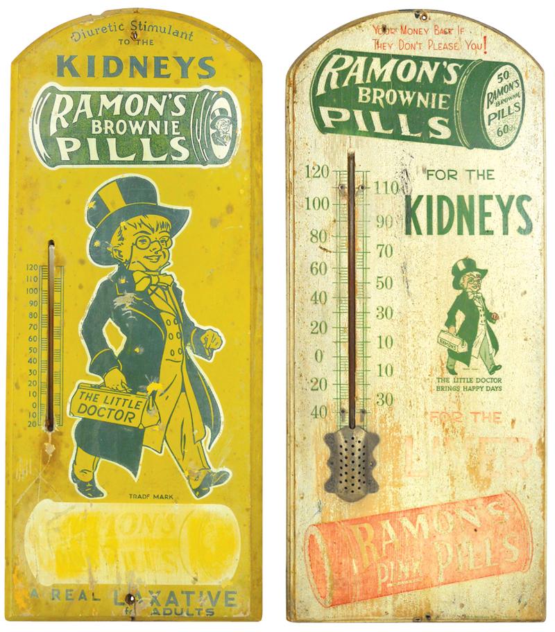 Advertising thermometers for Ramon's Brownie Pills, both wood w/great