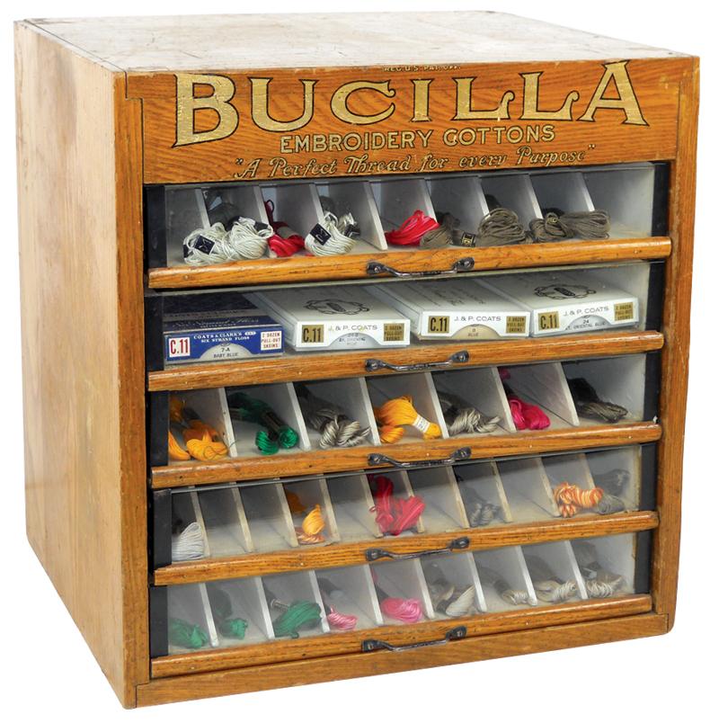 Thread Bucilla Embroidery Cottons, oak 5drwr w/glass fronts