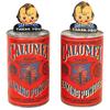 Calumet Baking Powder banks (2), paper over metal can w/orig metal bobbing-head, when coin is deposi