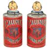 Calumet Baking Powder banks (2), paper over metal can w/orig metal bobbing-head, when coin is deposi