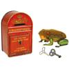 Image 1 : Toys (2), jumping frog, mfgd by Gunthermann-Germany, frog leans forward & does flips, cloth over tin