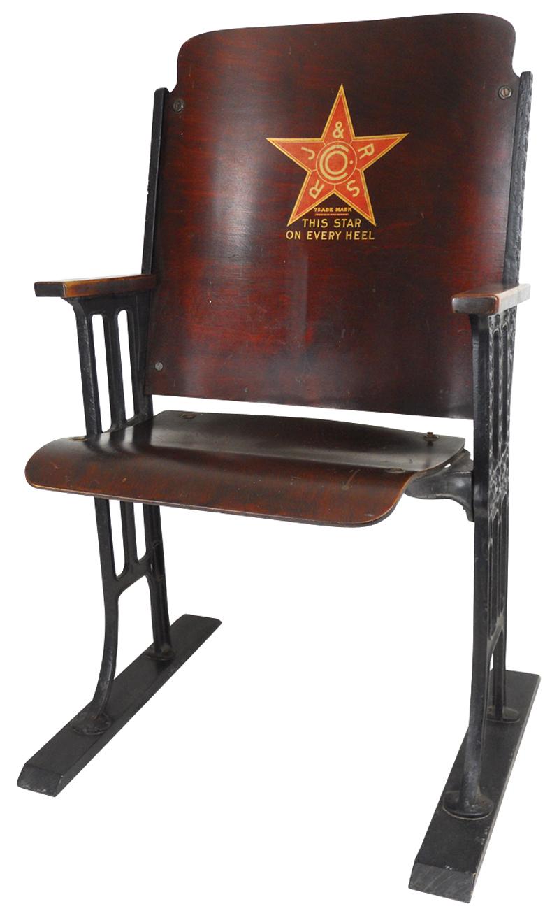 Star Brand RJ & RS Co. shoe chair, wood & cast iron w/foldup seat, adv on chair back, Exc orig cond