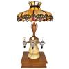 Image 1 : Soda fountain tap stand, onyx column w/3 spigots & beautiful caramel bent glass 10-panel shade, curr