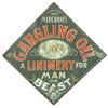 Image 1 : Veterinarian medicine sign for Gargling Oil Liniment-Man or Beast, litho on embossed metal nailed to