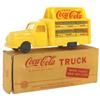 Coca-Cola truck, mfgd by Marx, yellow plastic w/6 cases of bottles, c.1950, VG cond w/orig box, 11"L