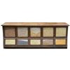 Country store Sherer Seed Cabinet, oak, 10 windows & 10 drwrs, cast iron pulls all embossed "Sherer"