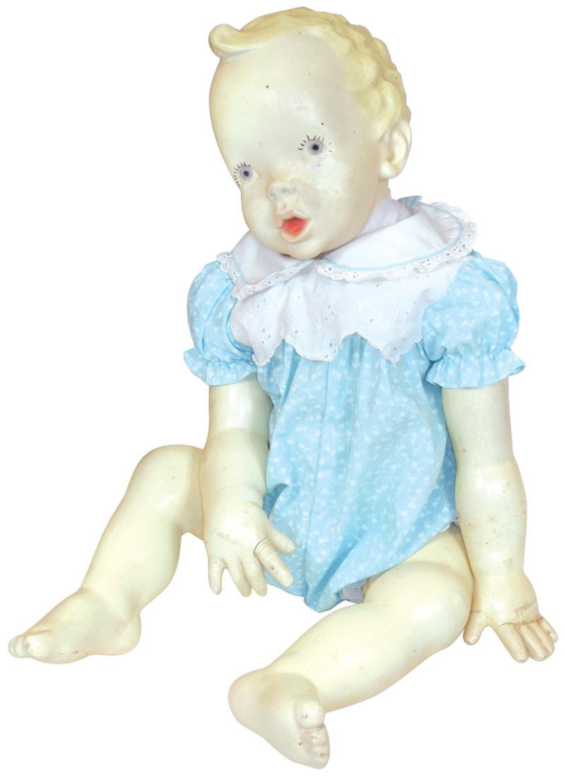 Mannequin, sitting baby w/molded blonde hair, open mouth, jointed arms
