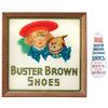 Buster Brown Shoes sign & shoe horn, framed glass sign w/easel back, 9" Sq, both in Exc cond.