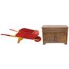 Children's toy dresser & wheelbarrow, ash dresser w/pressed designs, Exc cond, 15"H x 20"W & wooden 