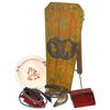 Toy ironing board, wood w/mustard paint & fun graphics, electric iron & 2 small sad irons, metal dus