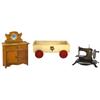 Toy Lindstrom sewing machine, metal w/orig stenciling, VG/Exc cond, toy wooden dresser & Mengel Play