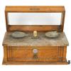 Image 1 : Drug store scale, oak case w/marble shelf, hinged lid, orig brass maker's tag reads "Henry Troemner 