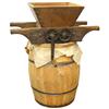 Primitive 2-pc wood/iron apple crusher & large wooden barrel w/metal staves from Crown Meat & Provis