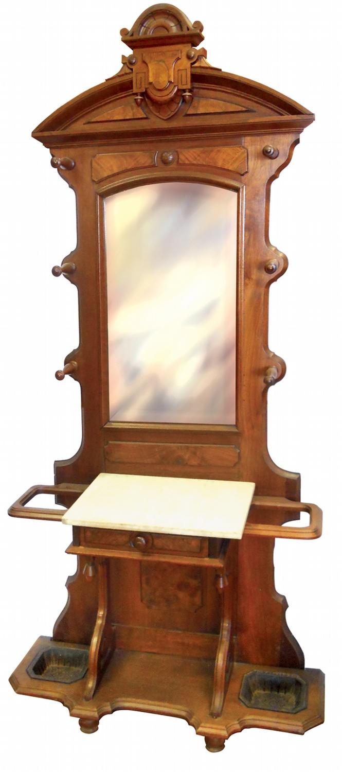 Furniture, Victorian coat rack w/umbrella holders, walnut w/marble