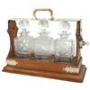 Locking liquor caddy, oak w/nickel-plated trim & 3 fancy pressed glass decanters, one decanter has e
