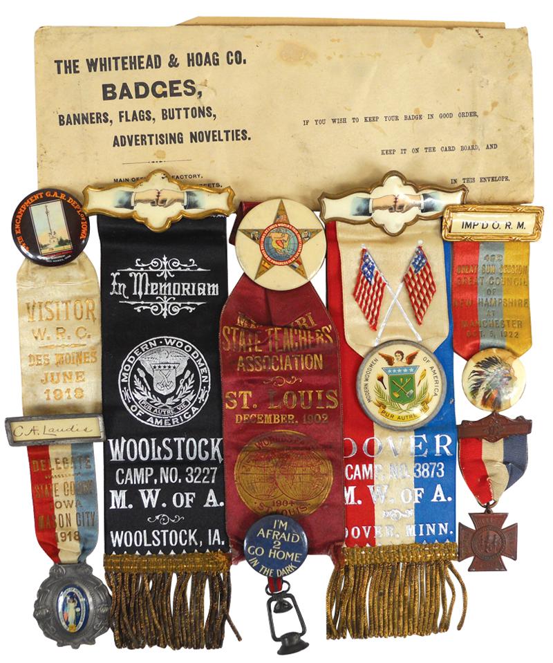 Delegate badges & ribbons (8), includes M.W. of A.-Woolstock, IA ...