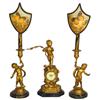 Image 1 : Cherub candle stands & matching clock, gilded metal w/painted composition bases, unique butterfly ha