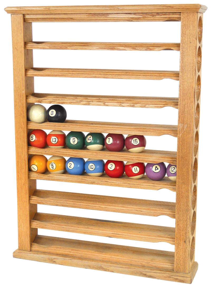 Billiard ball rack w/16 balls, oak w/9 shelves, VG cond, 28"H x 20.5"W.