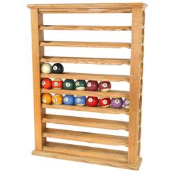 Billiard ball rack w/16 balls, oak w/9 shelves, VG cond, 28