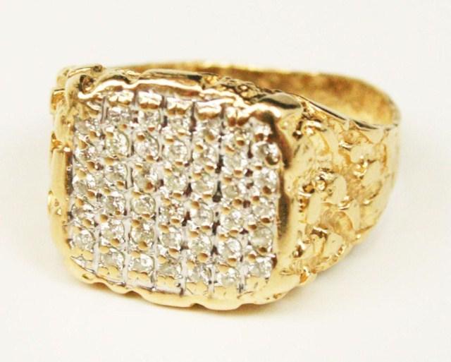 MENS 14K GOLD NUGGET RING WITH DIAMONDS