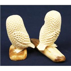 ALASKAN ESKIMO WALRUS TUSK IVORY CARVED OWLS