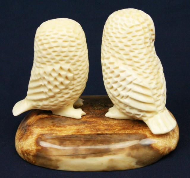 ALASKAN ESKIMO WALRUS TUSK IVORY CARVED OWLS