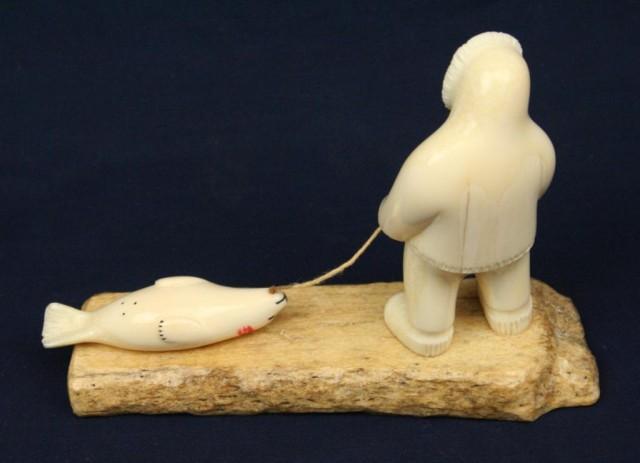 ALASKAN ESKIMO WALRUS IVORY TUSK SEAL HUNT CARVING