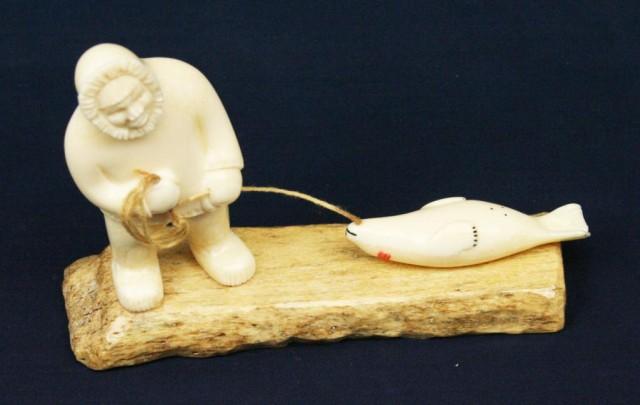 ALASKAN ESKIMO WALRUS IVORY TUSK SEAL HUNT CARVING